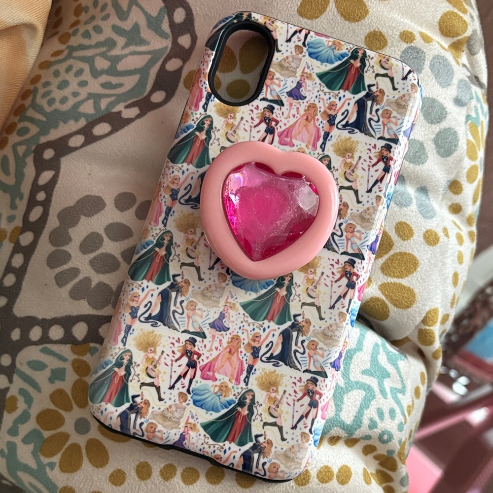 Taylor Swift Disney Cartoon Pattern iPhone X Case with Pink Jewel Heart Grip